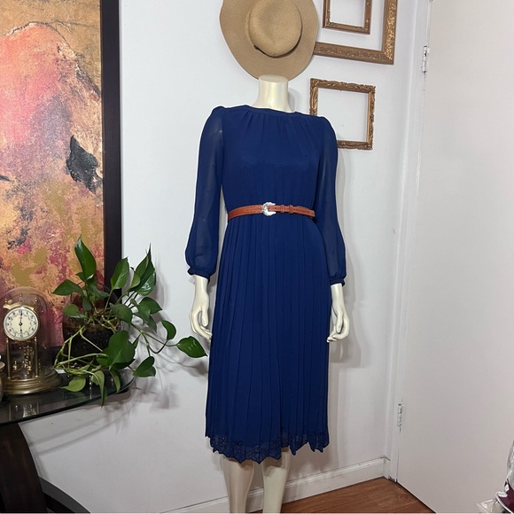 Vintage Ralph Baker Dress Navy Blue Pleated Skirt Chiffon Midi Dres Midi Size 6 - Picture 12 of 16